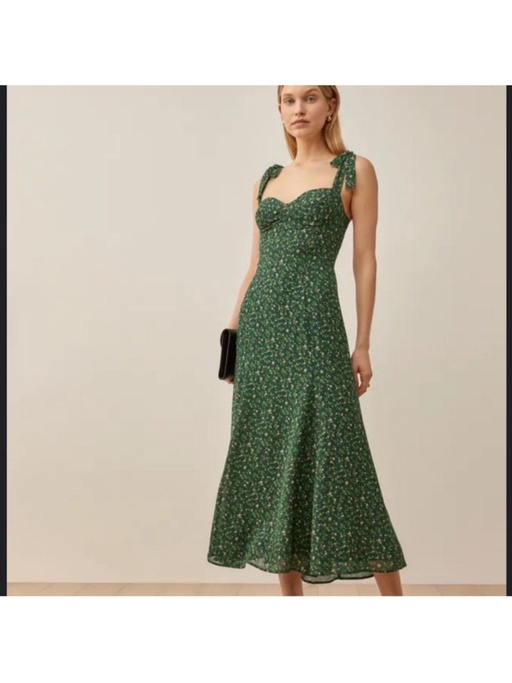 Reformation Green Floral Tie-Shoulder Midi Dress